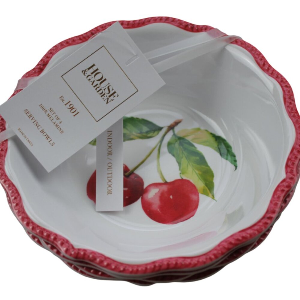House & Garden Cherry Melamine 7.5" Serving Bowls Cereal Set of 4 Red White NWT